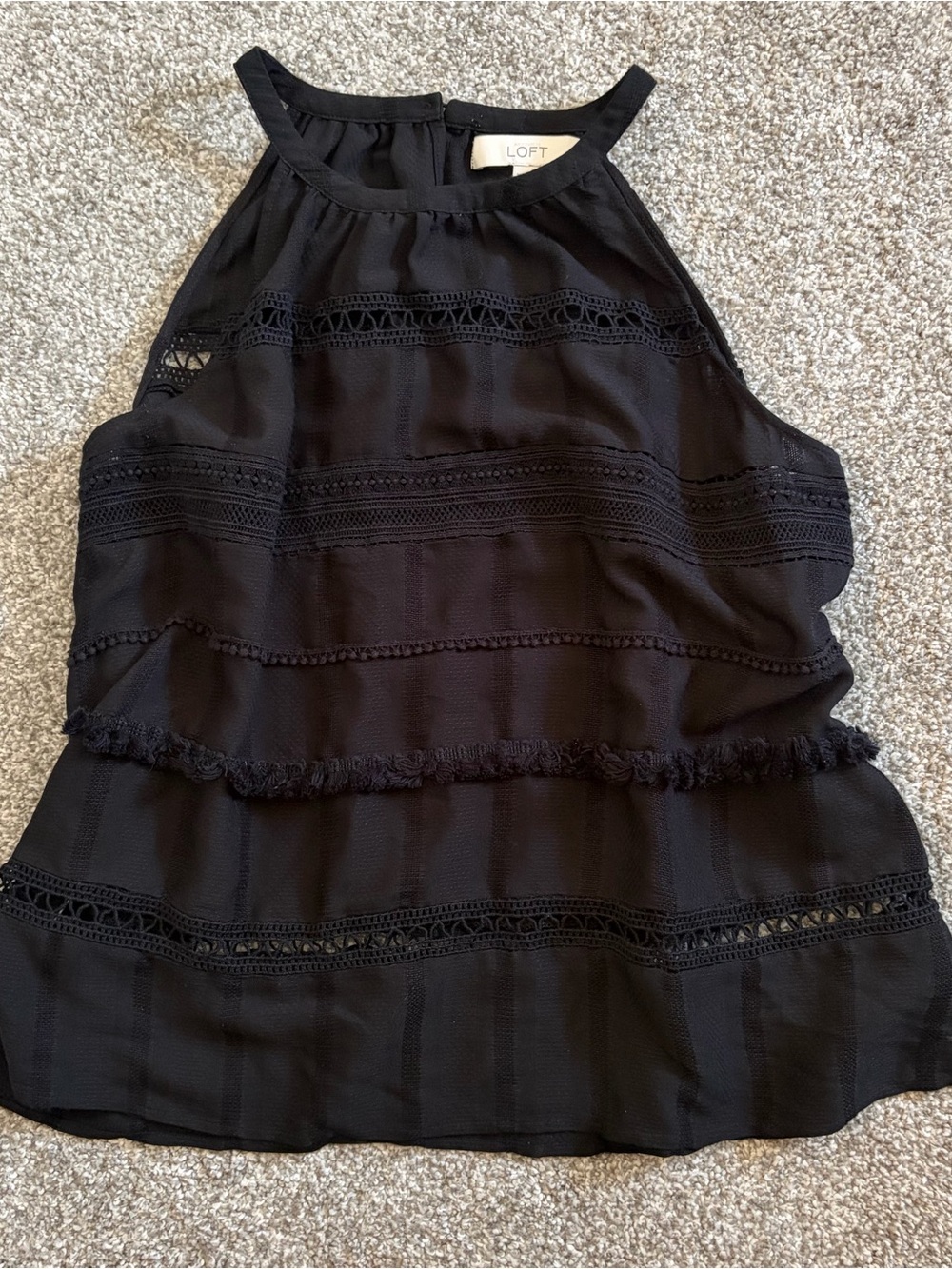 LOFT Black Sleeveless Halter Top with Crochet & Fringe Sz MP